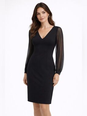 Rickie Freeman for Teri Jon Black Cocktail Dress Size 10 Sheer Sleeve V Neck